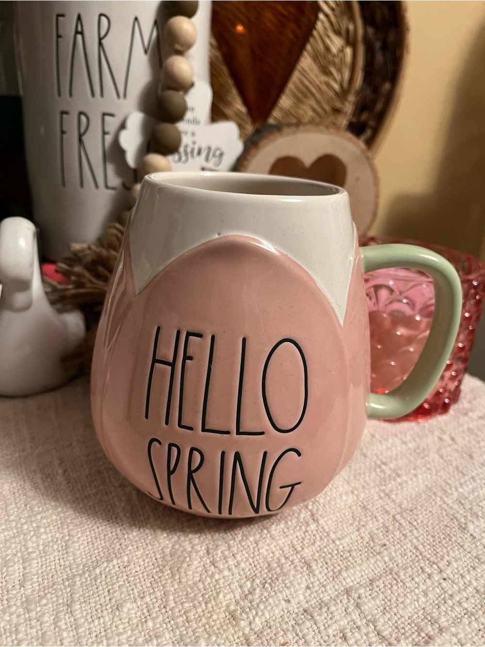 Rae Dunn Pink "HELLO SPRING" Ceramic Mug with Mint Handle